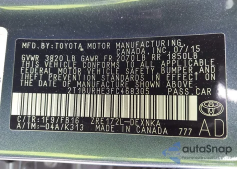 2015 Toyota Corolla Le z USA, uszkodzony, nr VIN 2T1BURHE3FC468305